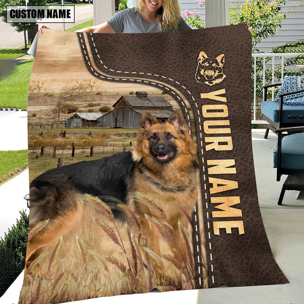 Personalized Name German Shepherd Leather Pattern Blanket, Farm Blanket, Farm Animal Blanket