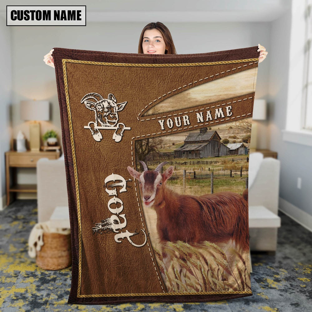 Personalized Name Goat Farm Leather Brown Blanket, Farm Blanket, Farm Animal Blanket