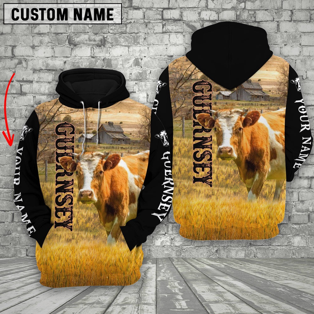 Personalized Name Guernsey Cattle On The Farm All Over Printed 3D Hoodie, Farmer Hoodie, Custom Farm Shirts, Farmer T Shirt
