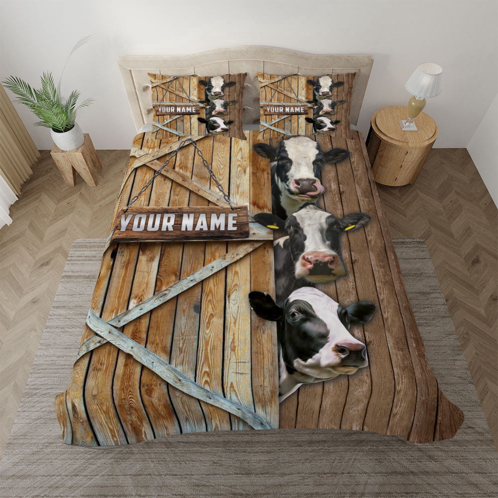Personalized Name Happy Farm Holstein Wooden Door Bedding Set, Farm Bedding Set, Farmhouse Bedding Set