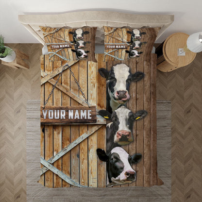 Personalized Name Happy Farm Holstein Wooden Door Bedding Set, Farm Bedding Set, Farmhouse Bedding Set