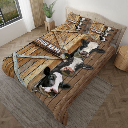 Personalized Name Happy Farm Holstein Wooden Door Bedding Set, Farm Bedding Set, Farmhouse Bedding Set
