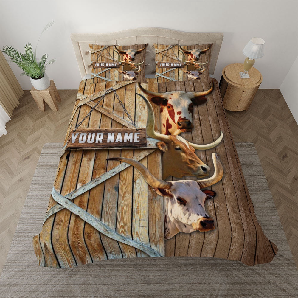 Personalized Name Happy Farm TX Longhorn Wooden Door Bedding Set, Farm Bedding Set, Farmhouse Bedding Set