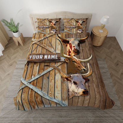Personalized Name Happy Farm TX Longhorn Wooden Door Bedding Set, Farm Bedding Set, Farmhouse Bedding Set