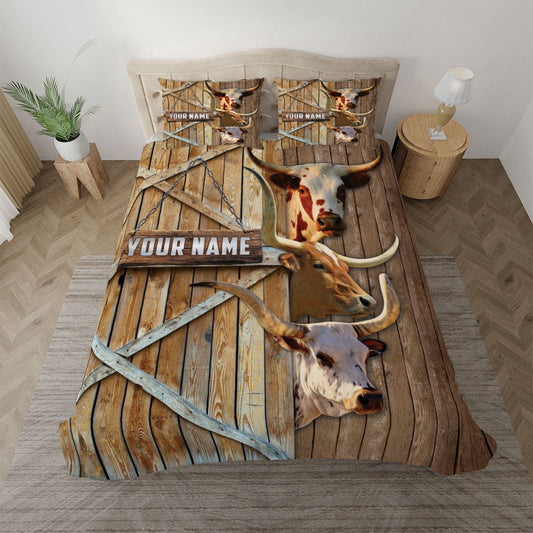 Personalized Name Happy Farm TX Longhorn Wooden Door Bedding Set, Farm Bedding Set, Farmhouse Bedding Set