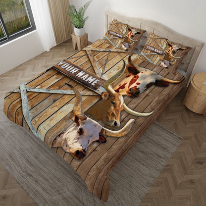 Personalized Name Happy Farm TX Longhorn Wooden Door Bedding Set, Farm Bedding Set, Farmhouse Bedding Set