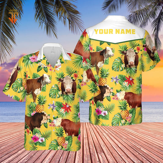 Personalized Name Hereford Cattle Pineapples All Over Printed Hawaiian Shirt, Farm Hawaiian Shirt, Farmer Hawaii