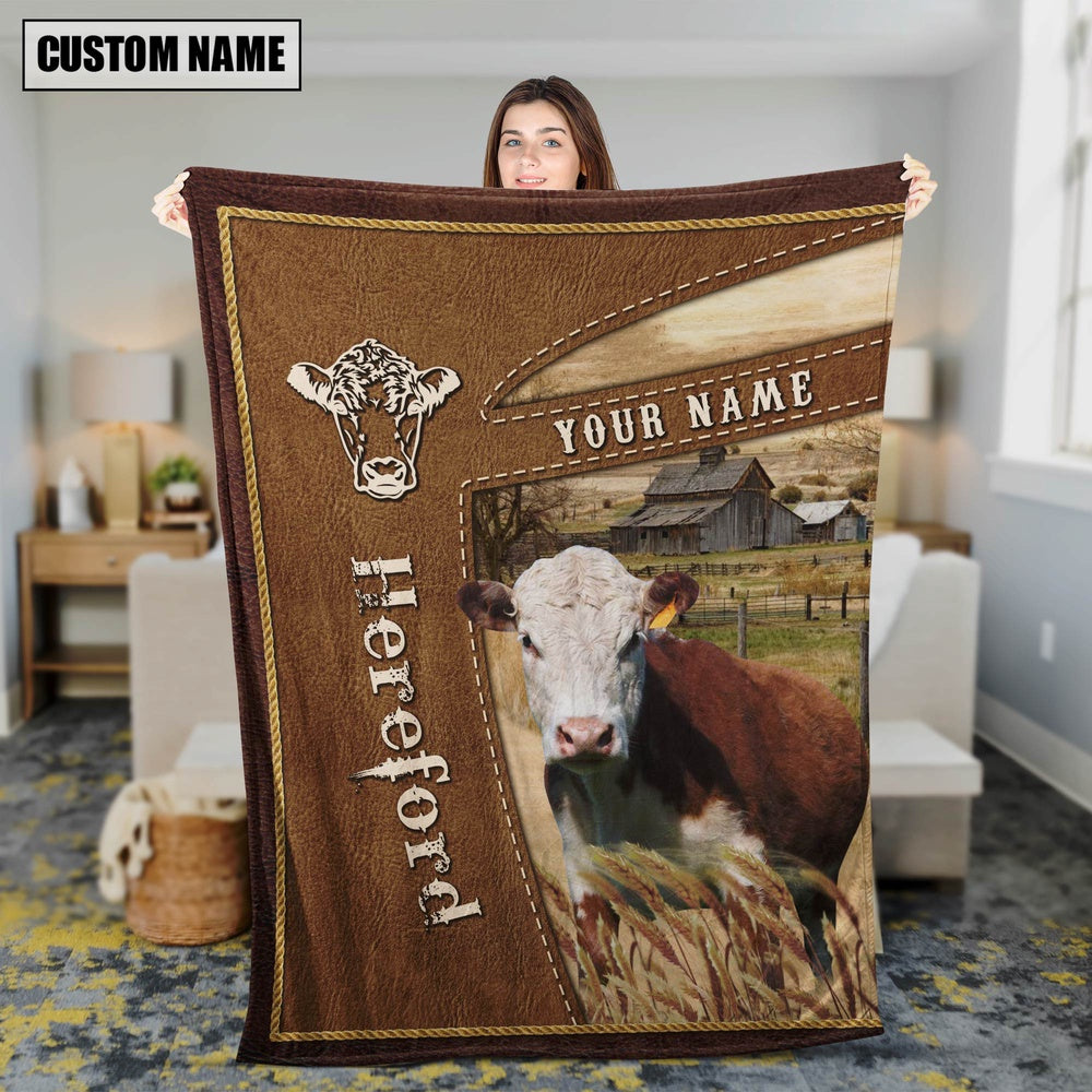 Personalized Name Hereford Farm Leather Brown Blanket, Farm Blanket, Farm Animal Blanket