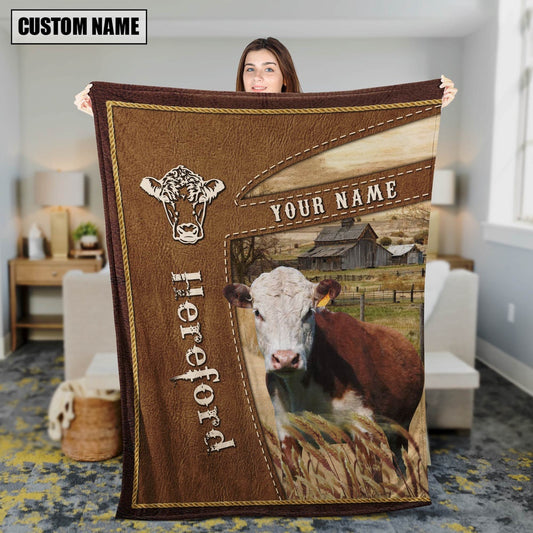Personalized Name Hereford Farm Leather Brown Blanket, Farm Blanket, Farm Animal Blanket