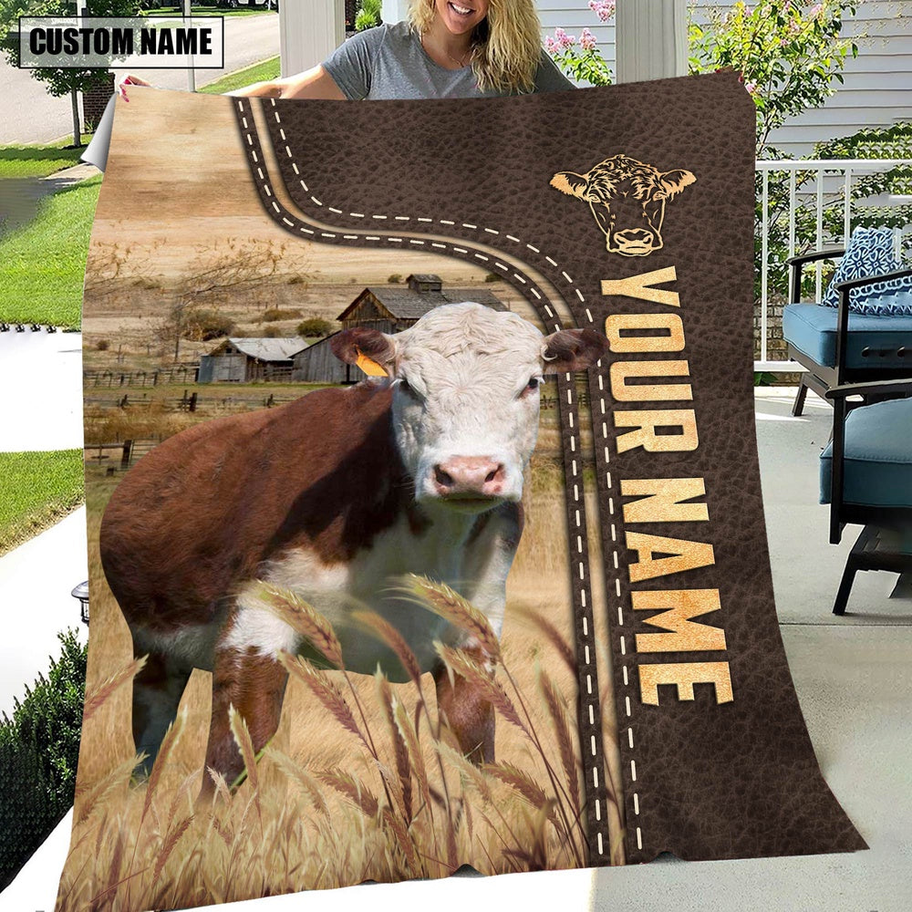 Personalized Name Hereford Leather Pattern Blanket, Farm Blanket, Farm Animal Blanket