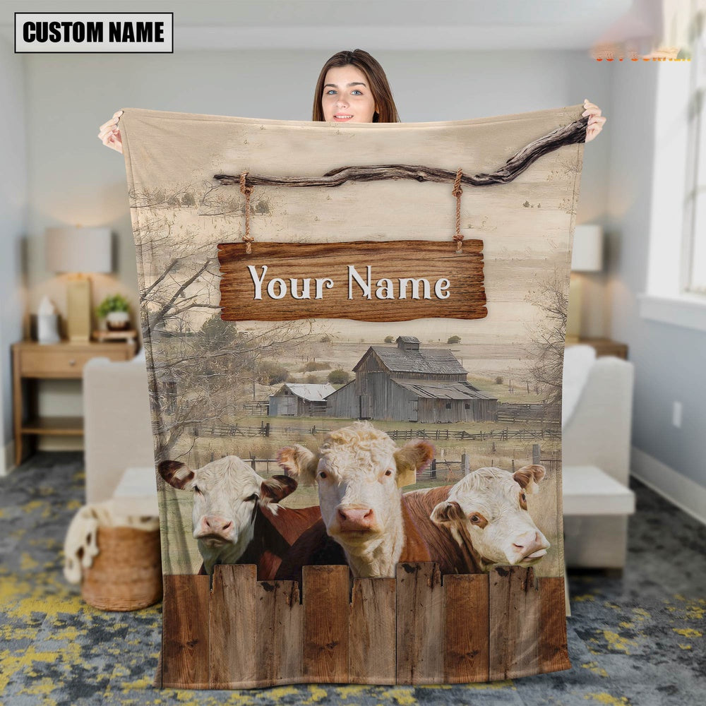 Personalized Name Hereford Wooden Pattern Blanket, Farm Blanket, Farm Animal Blanket