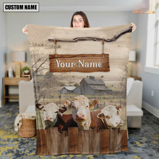 Personalized Name Hereford Wooden Pattern Blanket, Farm Blanket, Farm Animal Blanket