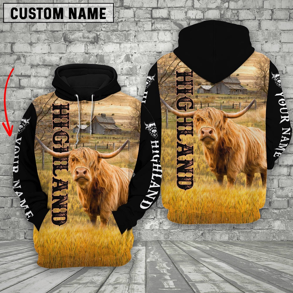 Personalized Name Highland Cattle On The Farm All Over Printed 3D Hoodie, Farmer Hoodie, Custom Farm Shirts, Farmer T Shirt