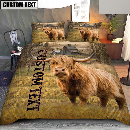 Personalized Name Highland Cattle On The Farm Bedding Set, Farm Bedding Set, Farmhouse Bedding Set
