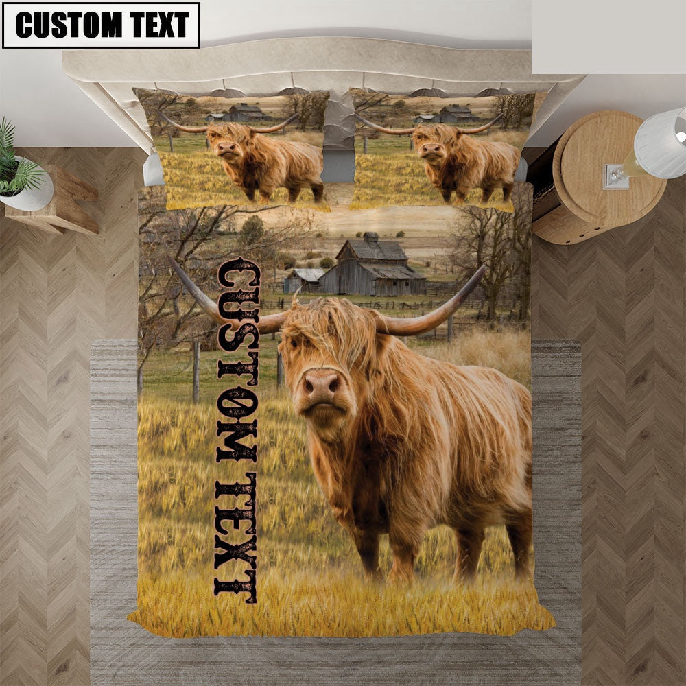 Personalized Name Highland Cattle On The Farm Bedding Set, Farm Bedding Set, Farmhouse Bedding Set