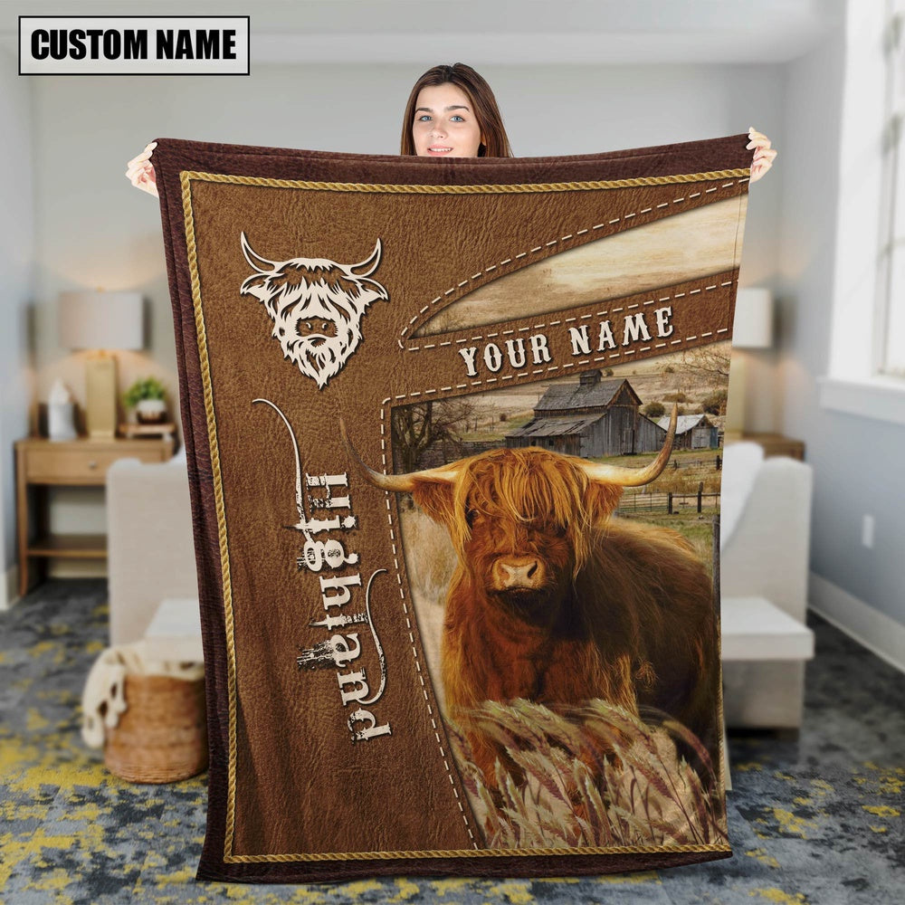 Personalized Name Highland Farm Leather Brown Blanket, Farm Blanket, Farm Animal Blanket
