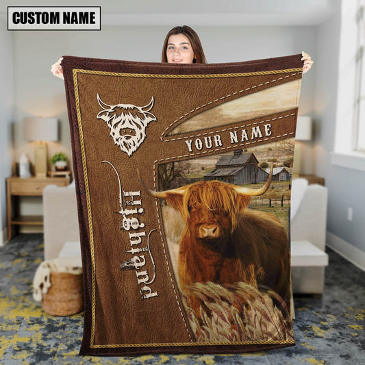 Personalized Name Highland Farm Leather Brown Blanket, Farm Blanket, Farm Animal Blanket