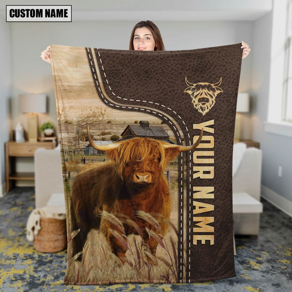 Personalized Name Highland Leather Pattern Blanket, Farm Blanket, Farm Animal Blanket