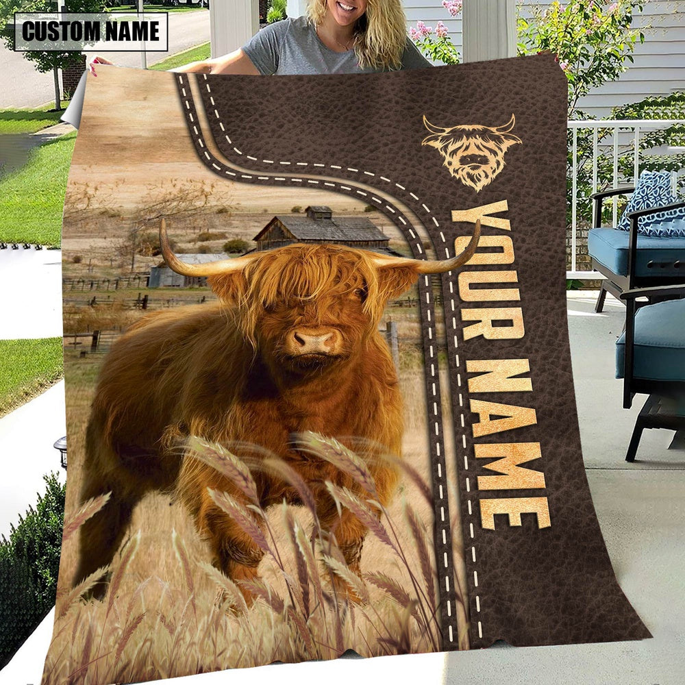 Personalized Name Highland Leather Pattern Blanket, Farm Blanket, Farm Animal Blanket