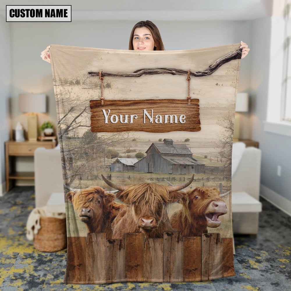 Personalized Name Highland Wooden Pattern Blanket, Farm Blanket, Farm Animal Blanket