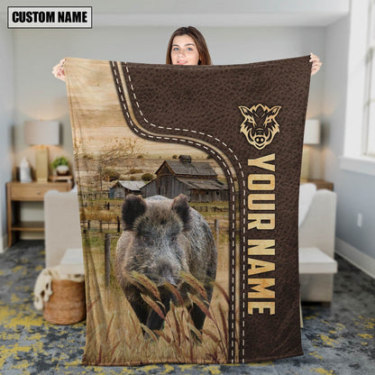 Personalized Name Hogs Leather Pattern Blanket, Farm Blanket, Farm Animal Blanket