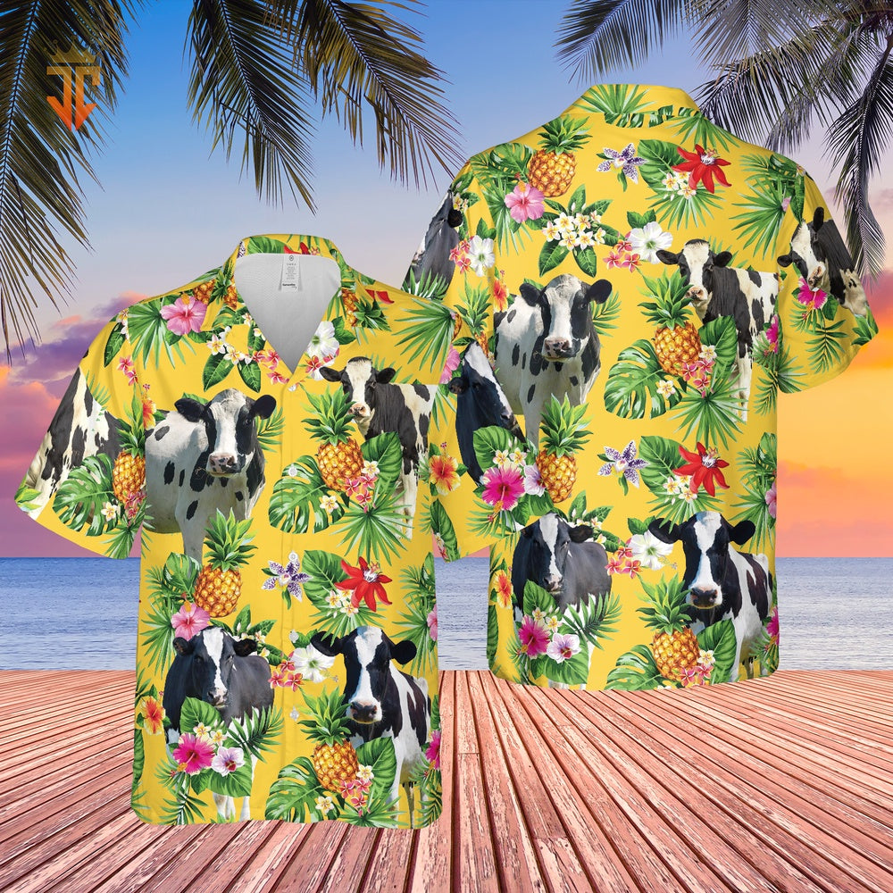 Personalized Name Holstein Friesian Cattle Pineapples All Over Printed Hawaiian Shirt, Farm Hawaiian Shirt, Farmer Hawaii