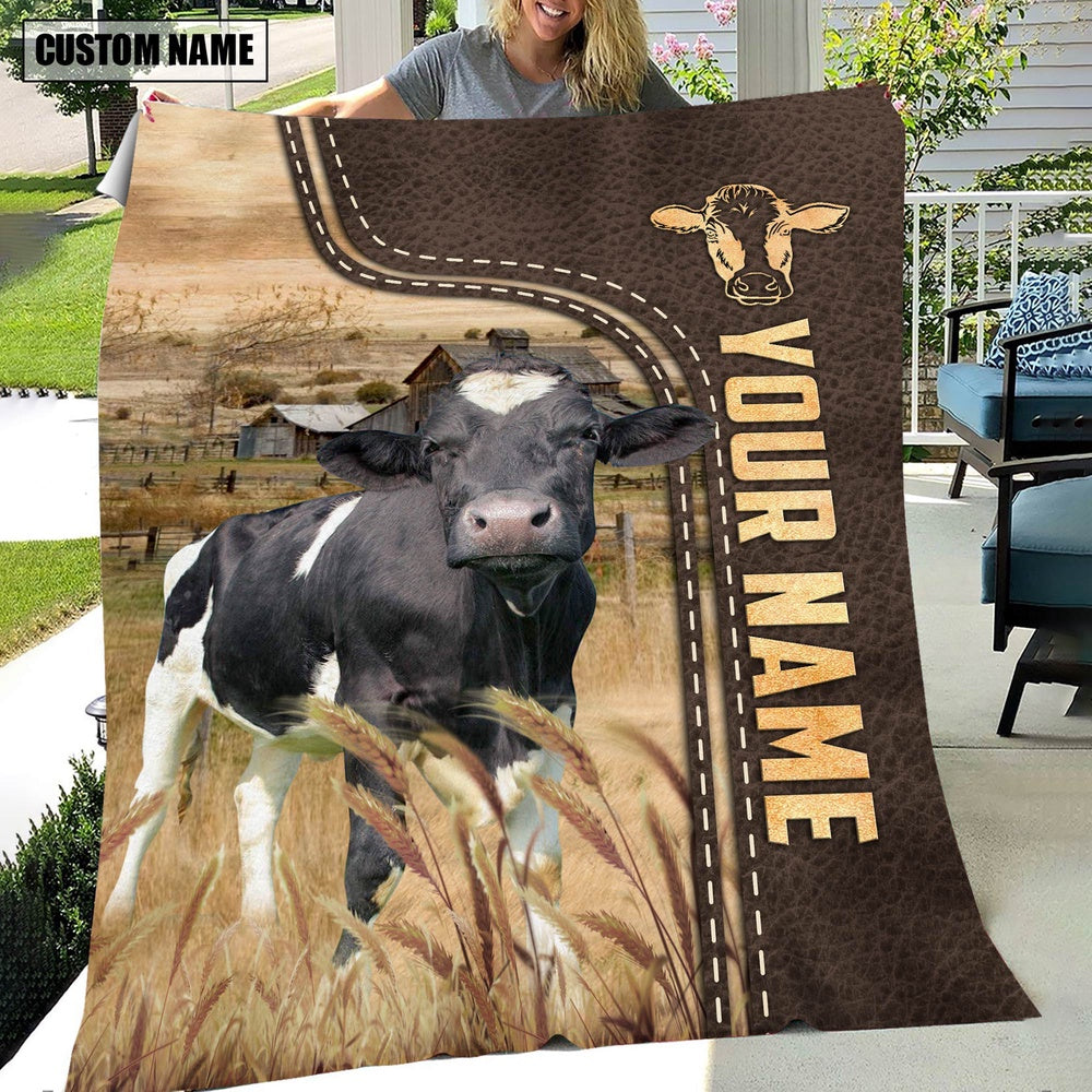 Personalized Name Holstein Leather Pattern Blanket, Farm Blanket, Farm Animal Blanket