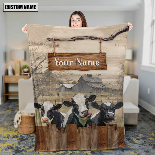 Personalized Name Holstein Wooden Pattern Blanket, Farm Blanket, Farm Animal Blanket