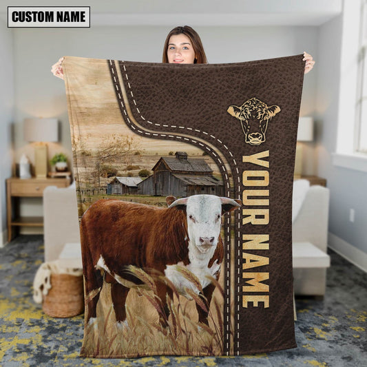 Personalized Name Horn Hereford Leather Pattern Blanket, Farm Blanket, Farm Animal Blanket