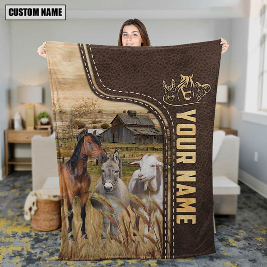 Personalized Name Horse, Donkey and Goat Leather Pattern Blanket, Farm Blanket, Farm Animal Blanket