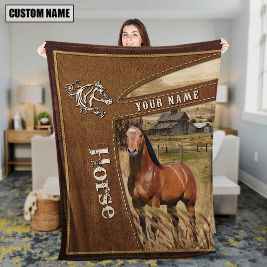 Personalized Name Horse Farm Leather Brown Blanket, Farm Blanket, Farm Animal Blanket