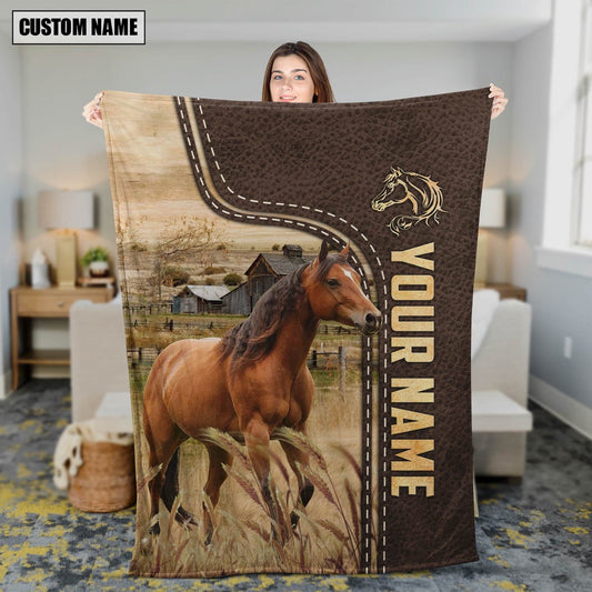 Personalized Name Horse Leather Pattern Blanket, Farm Blanket, Farm Animal Blanket
