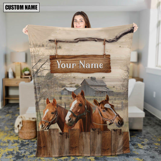 Personalized Name Horse Wooden Pattern Blanket, Farm Blanket, Farm Animal Blanket