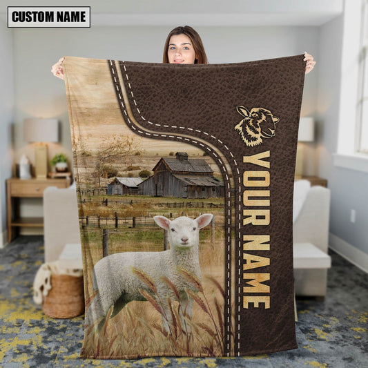 Personalized Name Lambs Leather Pattern Blanket, Farm Blanket, Farm Animal Blanket