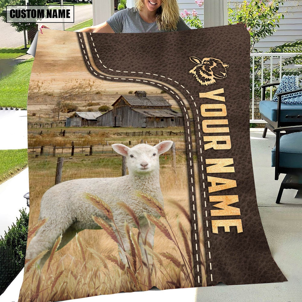 Personalized Name Lambs Leather Pattern Blanket, Farm Blanket, Farm Animal Blanket