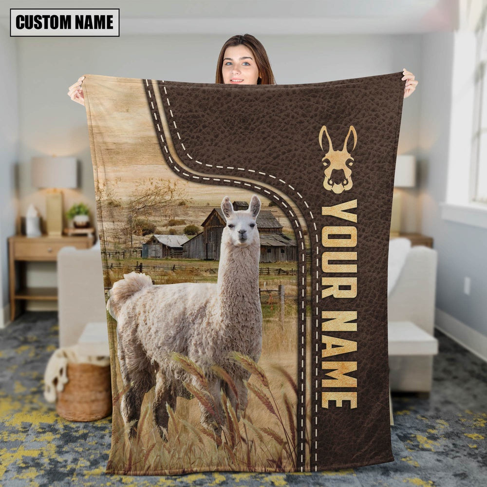 Personalized Name Llama Leather Pattern Blanket, Farm Blanket, Farm Animal Blanket