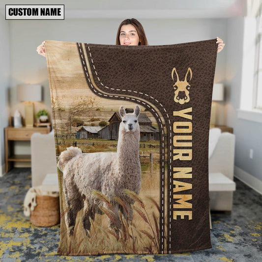 Personalized Name Llama Leather Pattern Blanket, Farm Blanket, Farm Animal Blanket