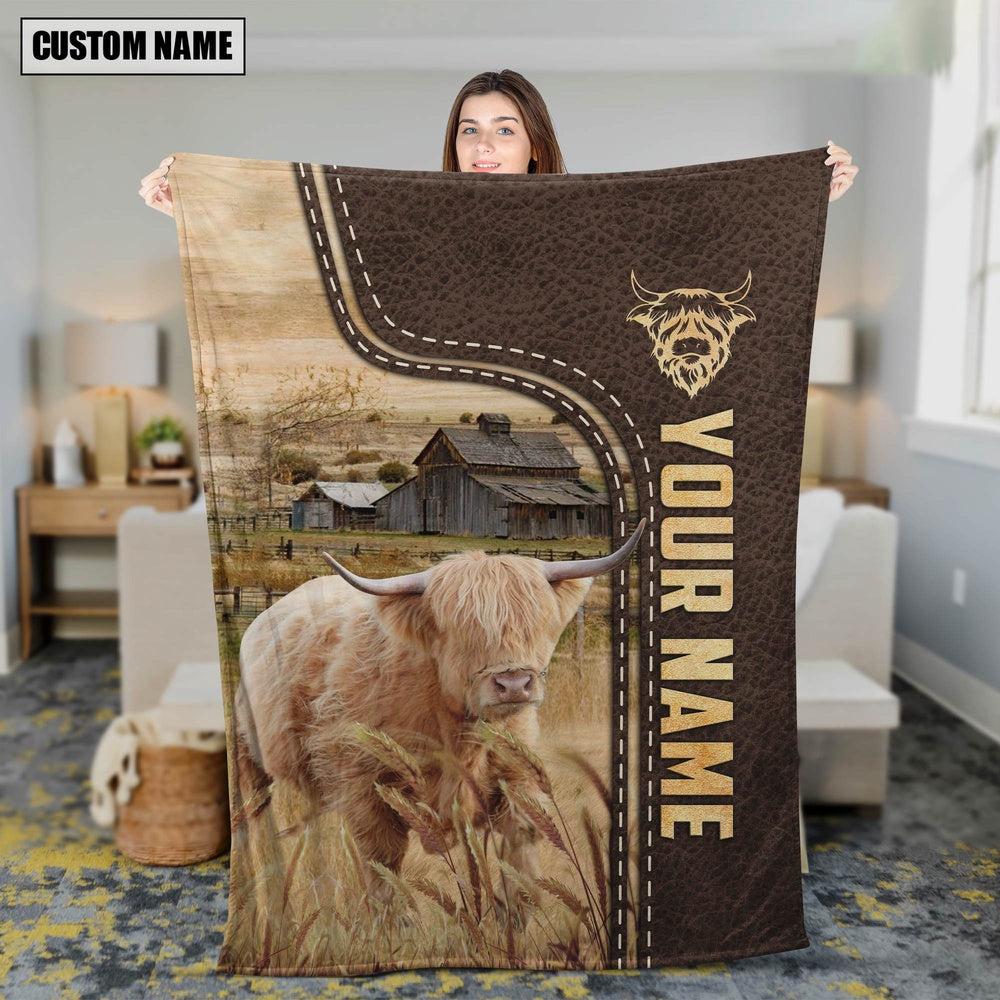 Personalized Name Miniature Highland Leather Pattern Blanket, Farm Blanket, Farm Animal Blanket