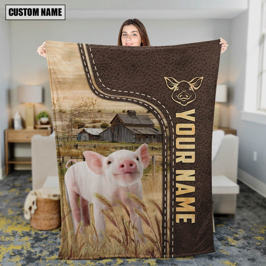 Personalized Name Pig Leather Pattern Blanket, Farm Blanket, Farm Animal Blanket