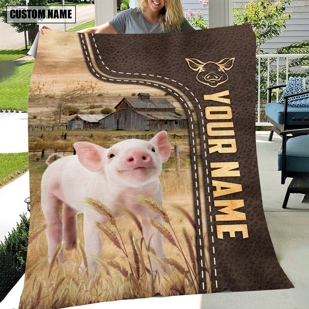 Personalized Name Pig Leather Pattern Blanket, Farm Blanket, Farm Animal Blanket