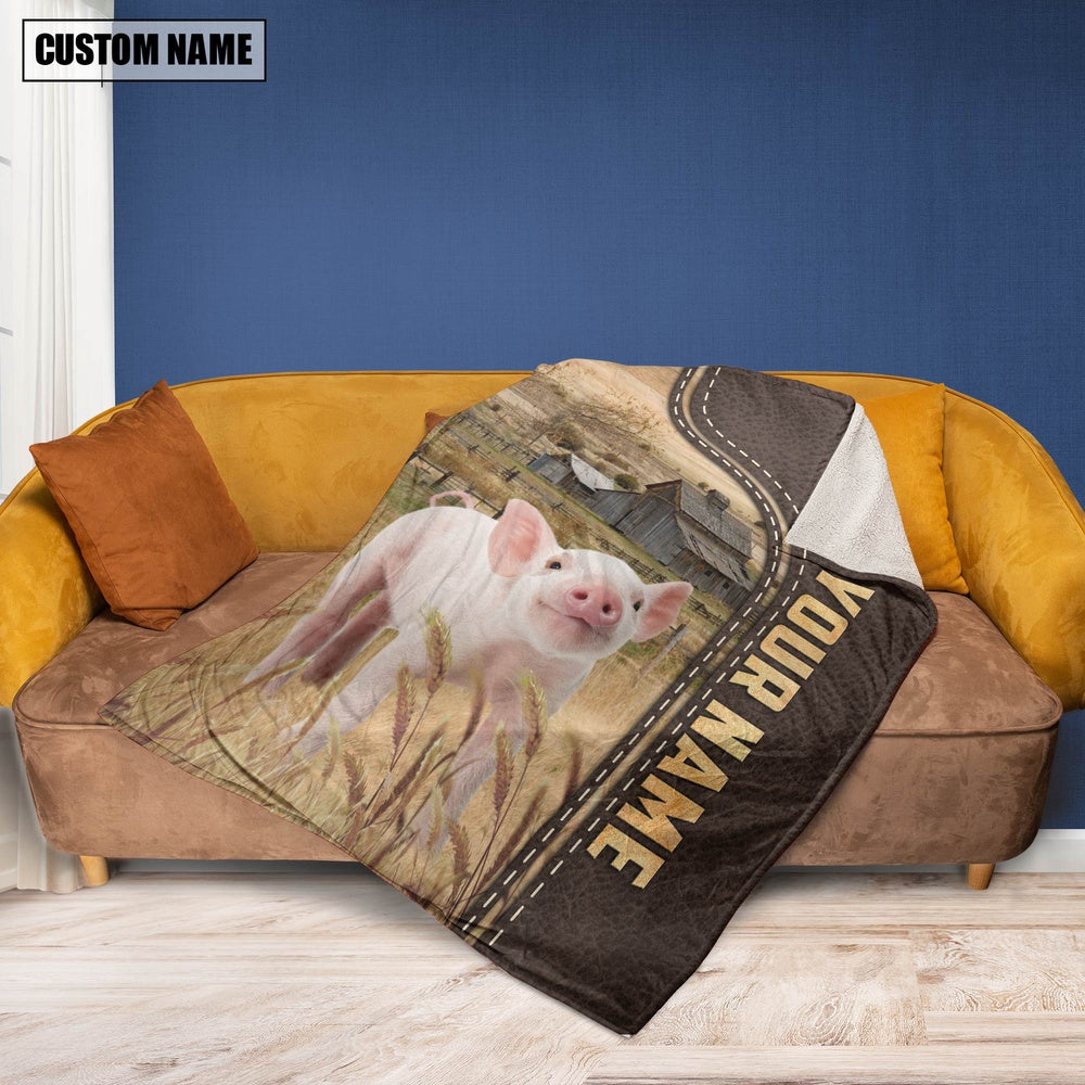 Personalized Name Pig Leather Pattern Blanket, Farm Blanket, Farm Animal Blanket