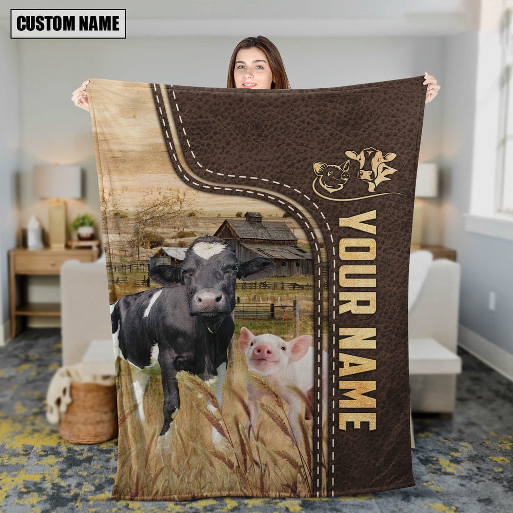 Personalized Name Pig and Cows Leather Pattern Blanket, Farm Blanket, Farm Animal Blanket