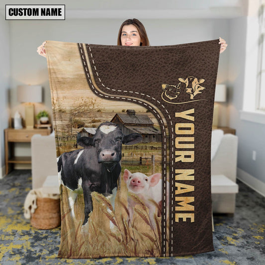 Personalized Name Pig and Cows Leather Pattern Blanket, Farm Blanket, Farm Animal Blanket
