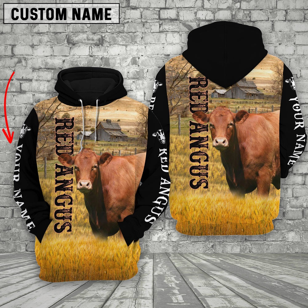 Personalized Name Red Angus Cattle On The Farm All Over Printed 3D Hoodie, Farmer Hoodie, Custom Farm Shirts, Farmer T Shirt