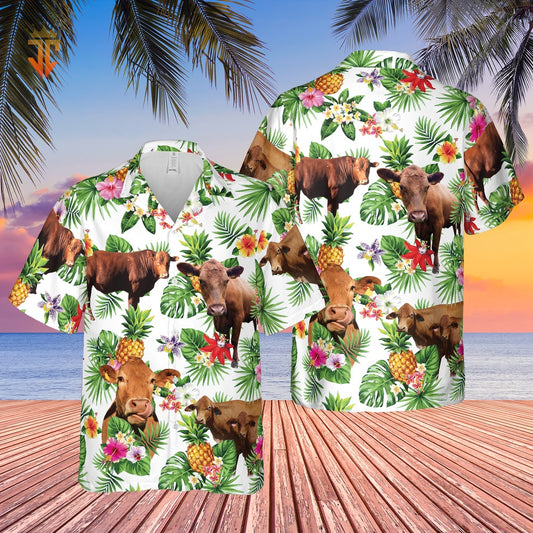 Personalized Name Red Angus Cattle Pineapples All Over Printed Hawaiian Shirt, Farm Hawaiian Shirt, Farmer Hawaii