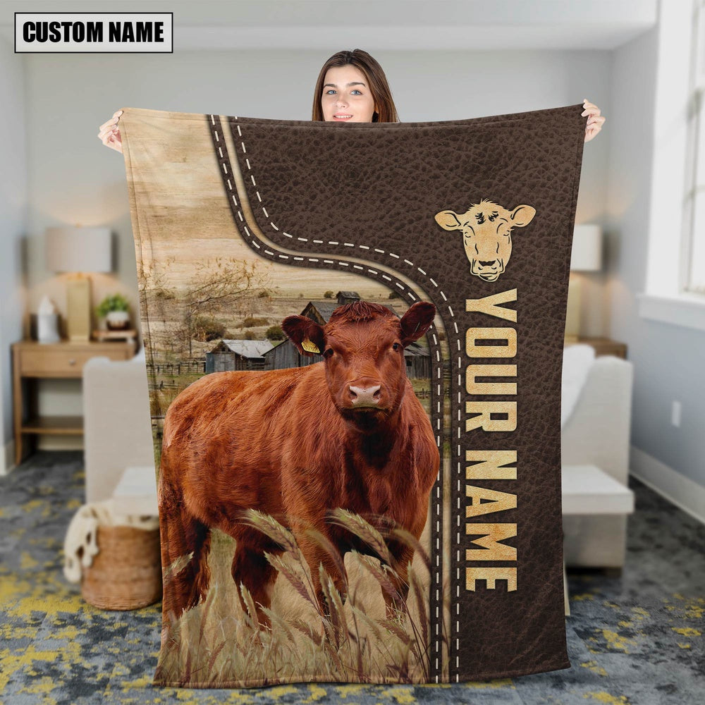 Personalized Name Red Angus Leather Pattern Blanket, Farm Blanket, Farm Animal Blanket