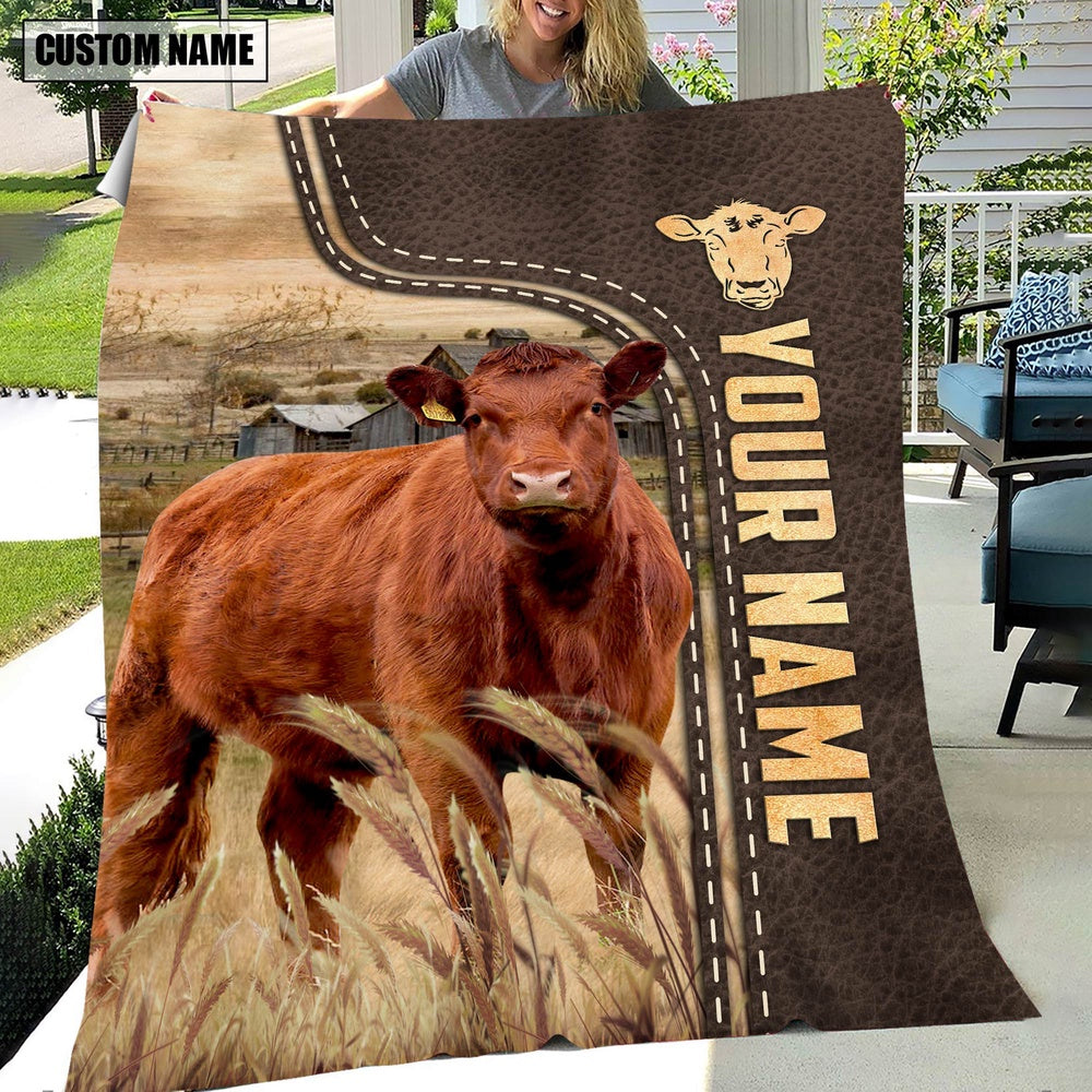Personalized Name Red Angus Leather Pattern Blanket, Farm Blanket, Farm Animal Blanket