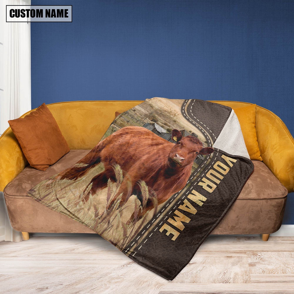 Personalized Name Red Angus Leather Pattern Blanket, Farm Blanket, Farm Animal Blanket