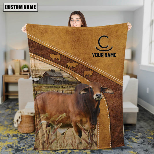 Personalized Name Red Brahman In Field Farmhouse Blanket, Farm Blanket, Farm Animal Blanket