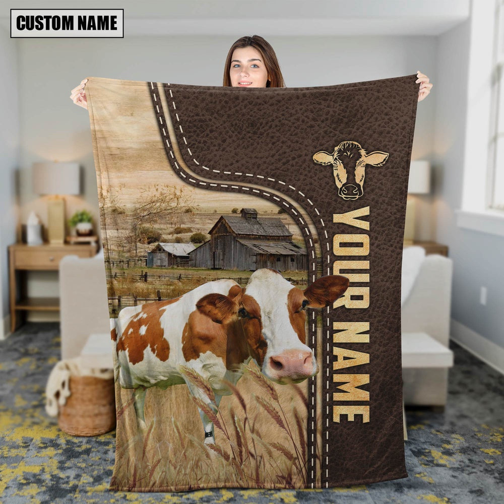 Personalized Name Red Holstein Leather Pattern Blanket, Farm Blanket, Farm Animal Blanket